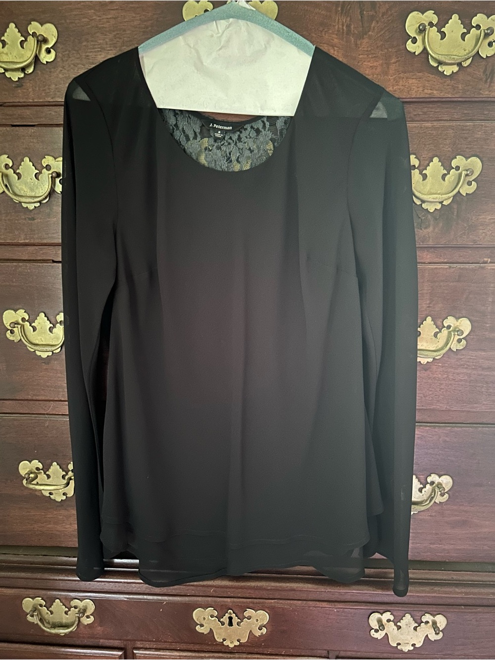 J. Peterman Black Sheer-Lace Yoke Long-Sleeve Blouse